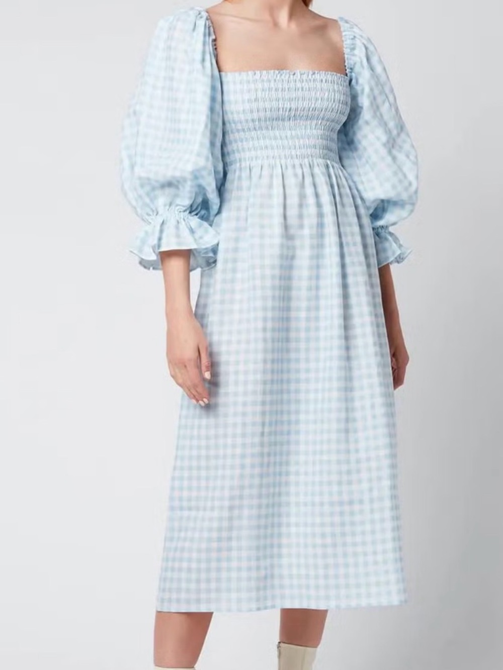Sleeper Light Blue Gingham Smocked Midi Dress with Puff Sleeves